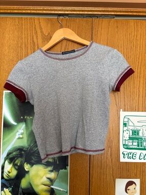 Brandy Melville - Heather Gray Ringer Tee with Maroon Trim